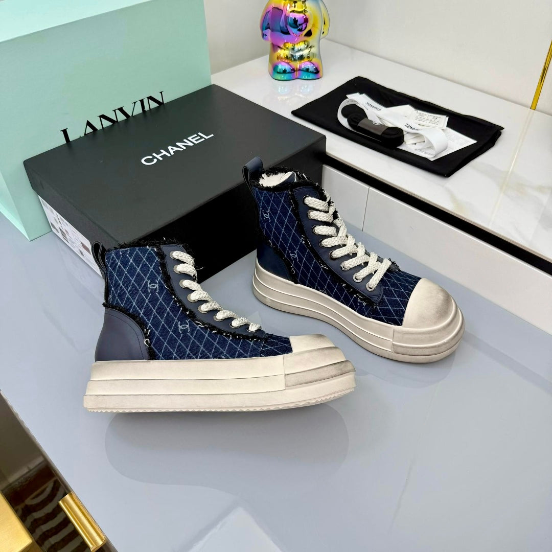 Chanel 25 High Sneaker Blue White Cowhide Denim Frabic 469779