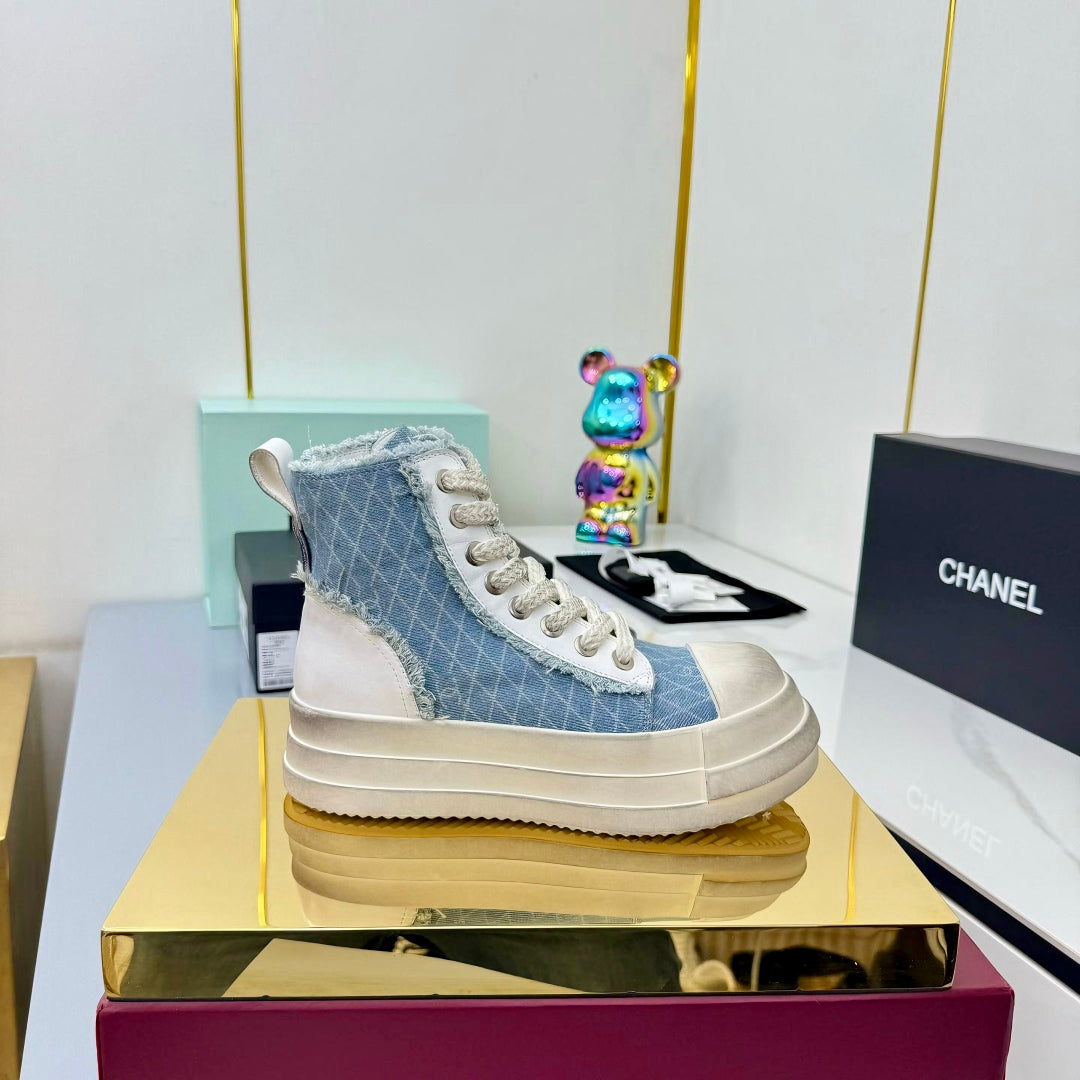 Chanel 25 High Sneaker Light Blue White Cowhide Denim Frabic 469780