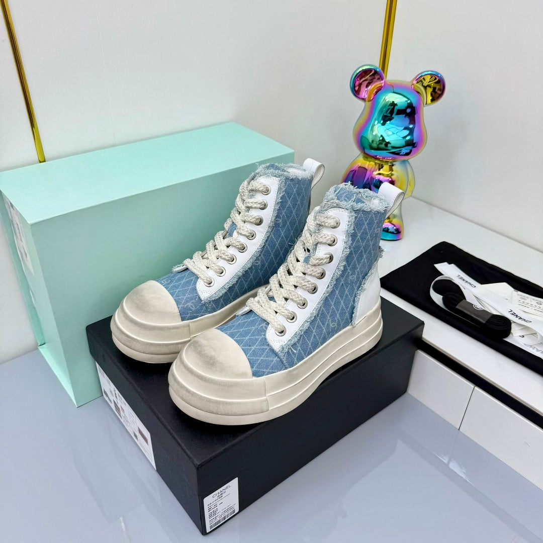 Chanel 25 High Sneaker Light Blue White Cowhide Denim Frabic 469780