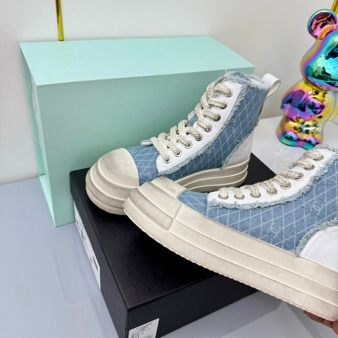 Chanel 25 High Sneaker Light Blue White Cowhide Denim Frabic 469780