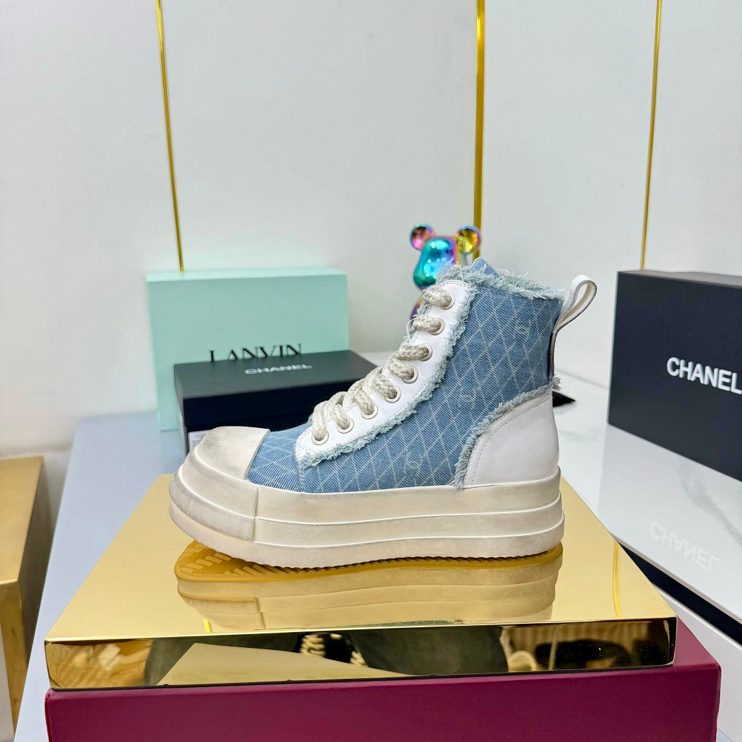 Chanel 25 High Sneaker Light Blue White Cowhide Denim Frabic 469780