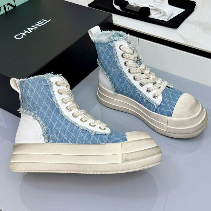 Chanel 25 High Sneaker Light Blue White Cowhide Denim Frabic 469780