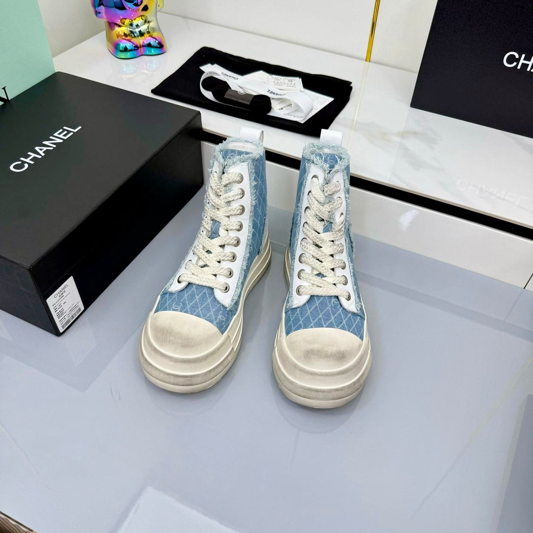 Chanel 25 High Sneaker Light Blue White Cowhide Denim Frabic 469780