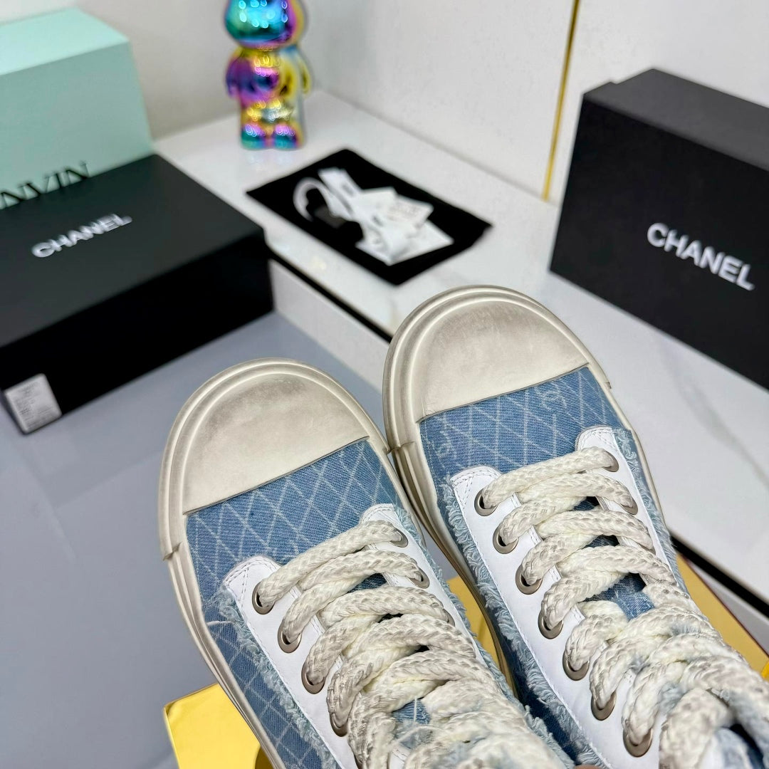 Chanel 25 High Sneaker Light Blue White Cowhide Denim Frabic 469780
