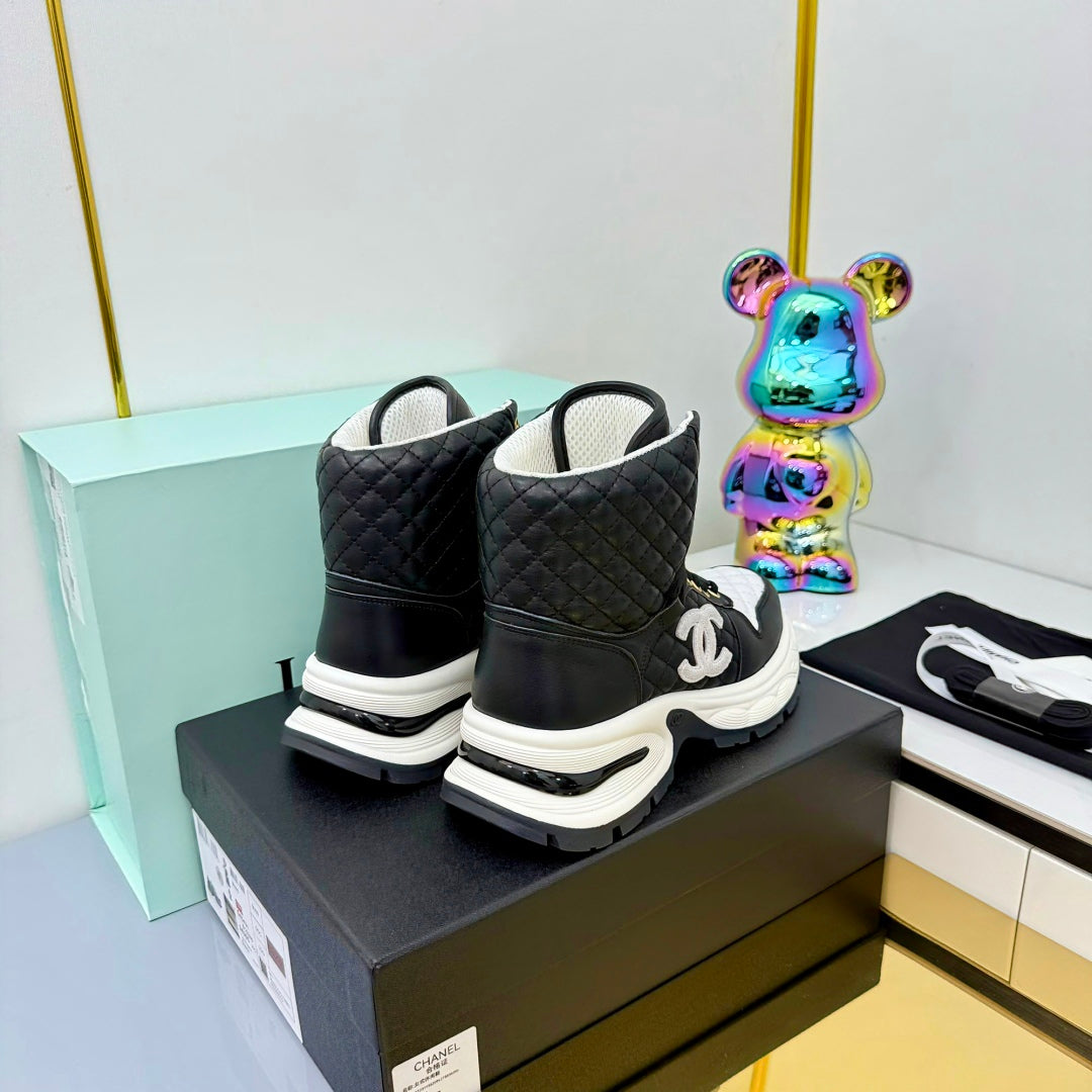 Chanel 2025 Quilted High-Top Sneakers Black White Cowhide 469789