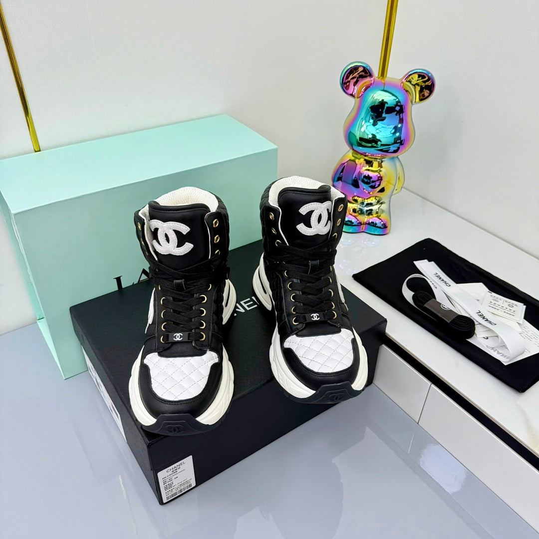 Chanel 2025 Quilted High-Top Sneakers Black White Cowhide 469789