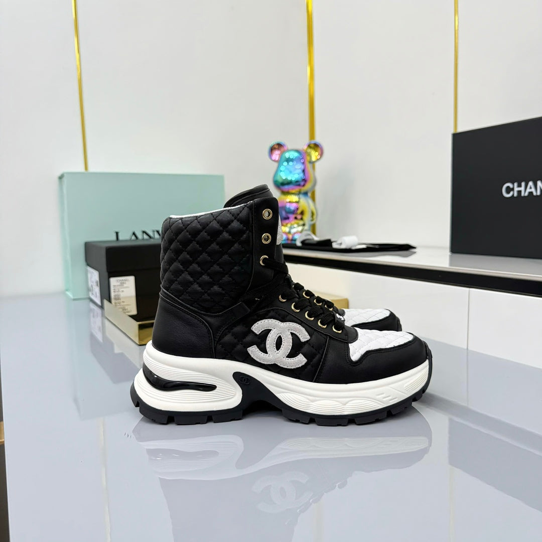 Chanel 2025 Quilted High-Top Sneakers Black White Cowhide 469789