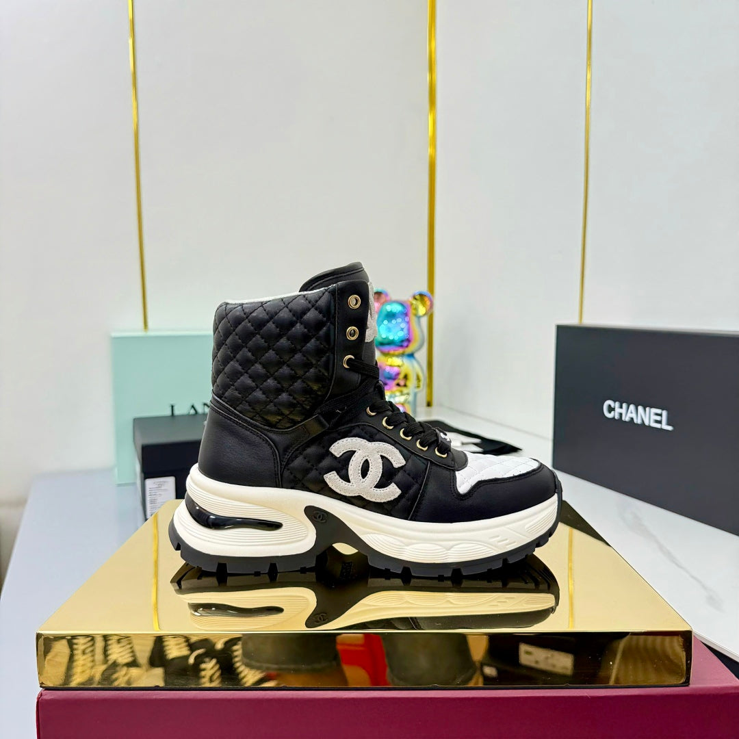 Chanel 2025 Quilted High-Top Sneakers Black White Cowhide 469789