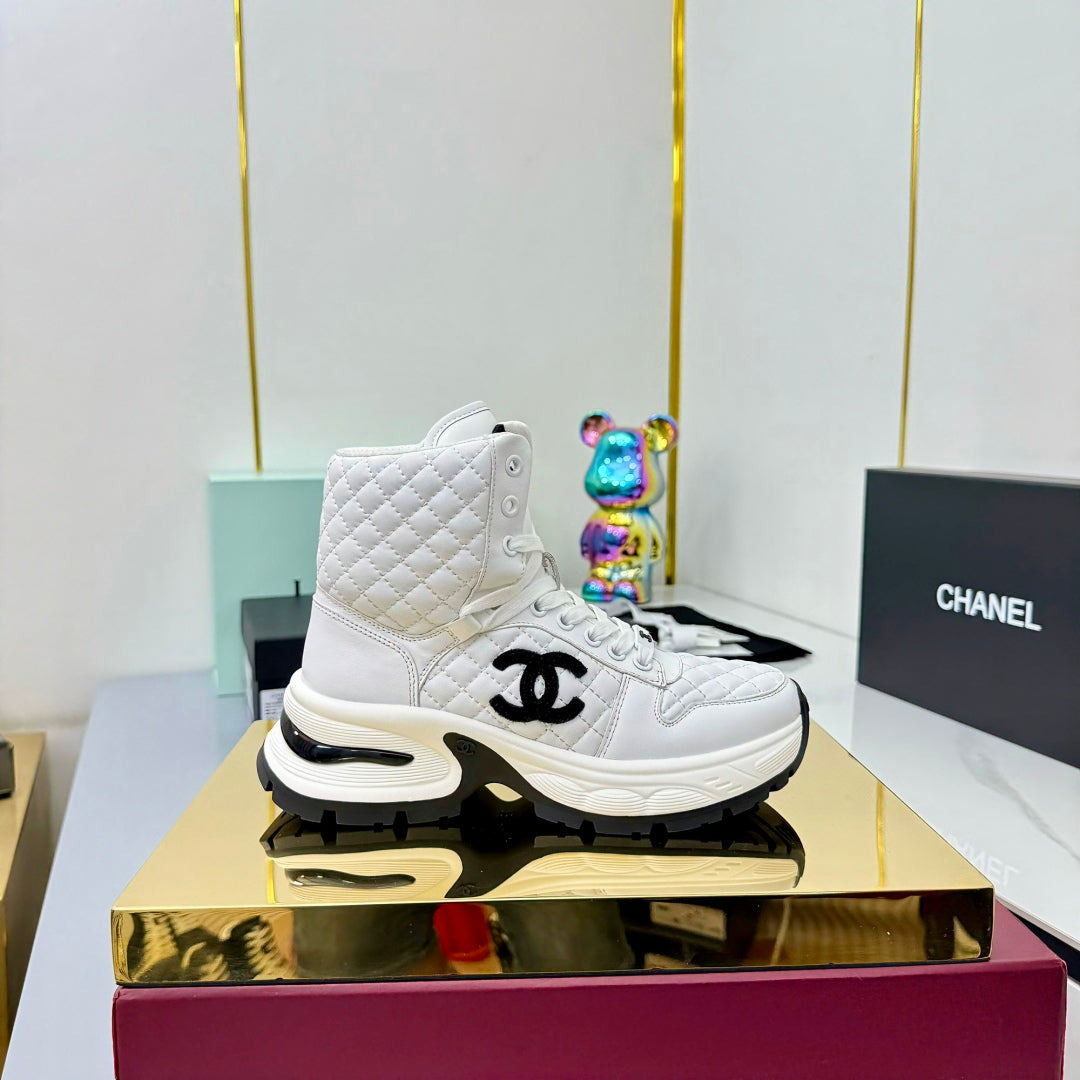 Chanel 2025 Quilted High-Top Sneakers White Black Cowhide 469790
