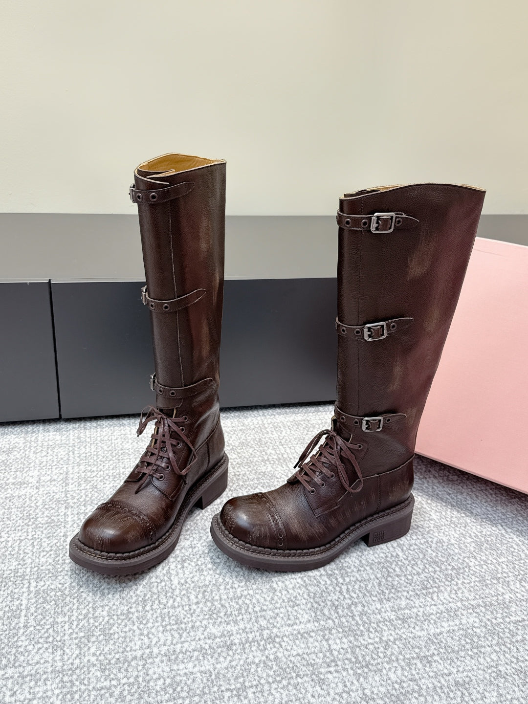 MIU MIU Cowboy High Boots Dark Brown Sheepskin 461844