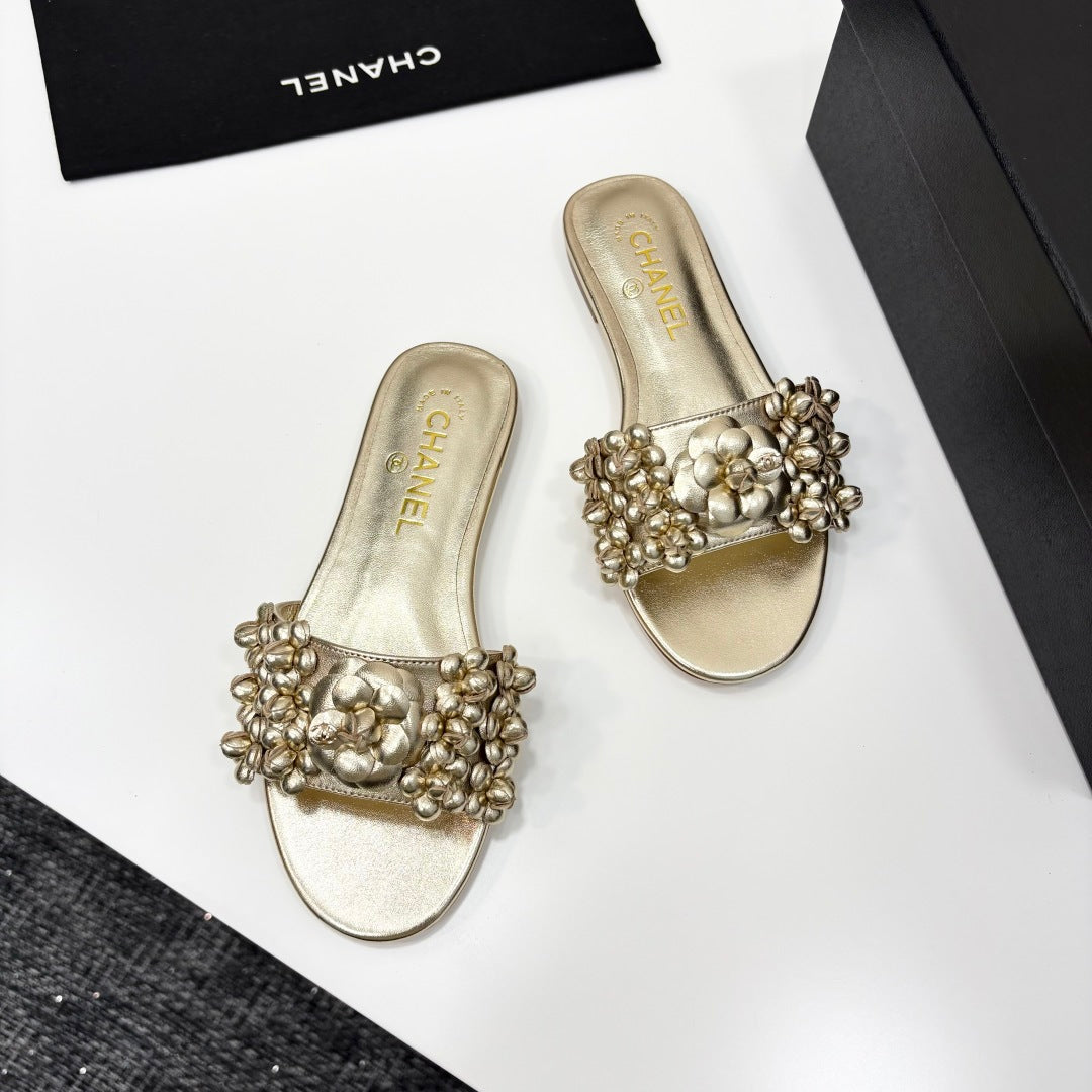 CC 25C Mules Flower Gold Metalic Calfskin