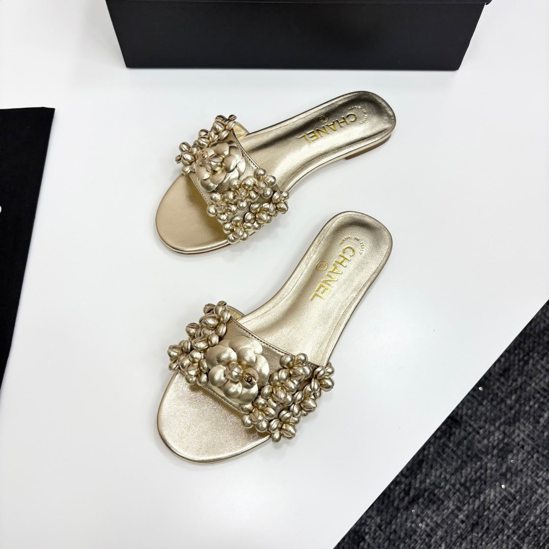 CC 25C Mules Flower Gold Metalic Calfskin
