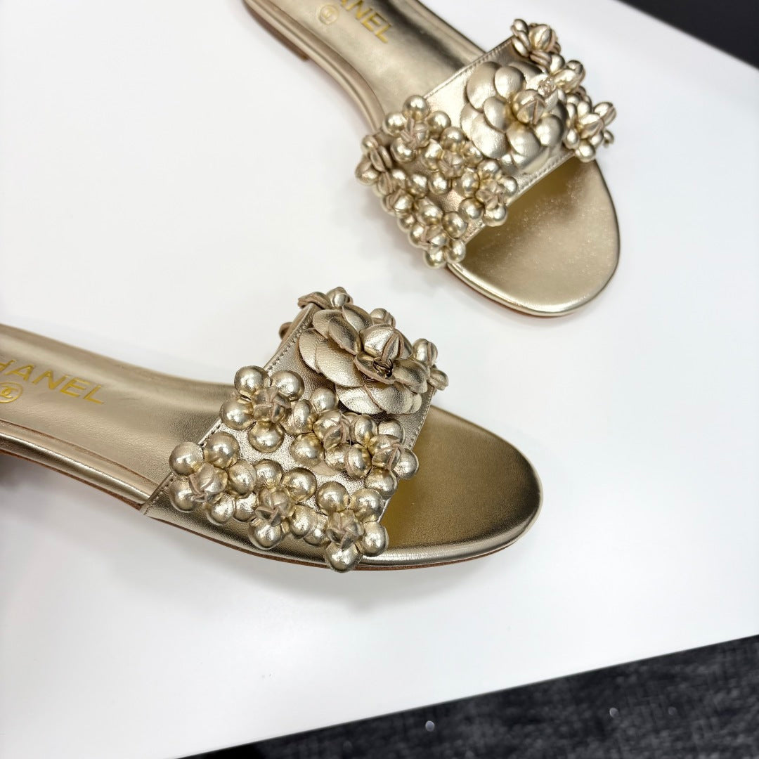CC 25C Mules Flower Gold Metalic Calfskin