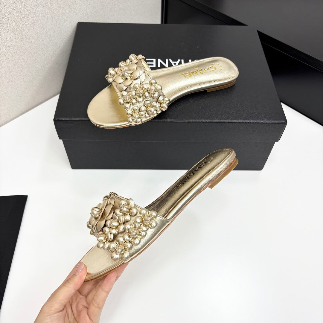 CC 25C Mules Flower Gold Metalic Calfskin