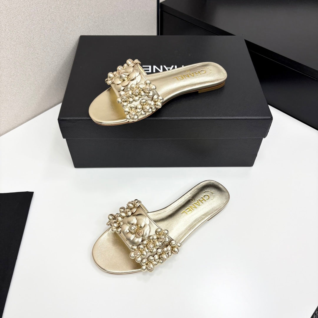 CC 25C Mules Flower Gold Metalic Calfskin