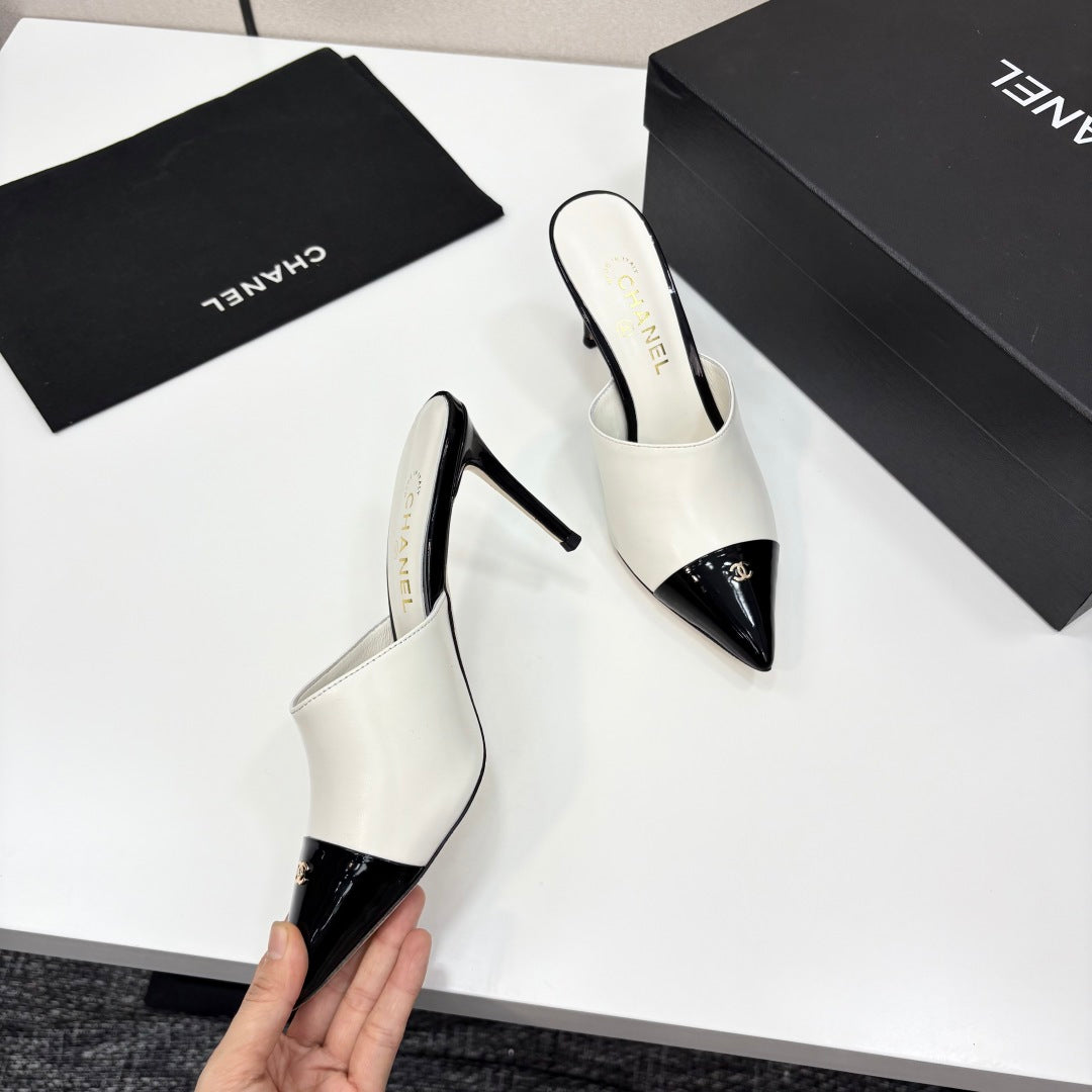 CC Mules Heels White Mix Black Patent Leather 301508