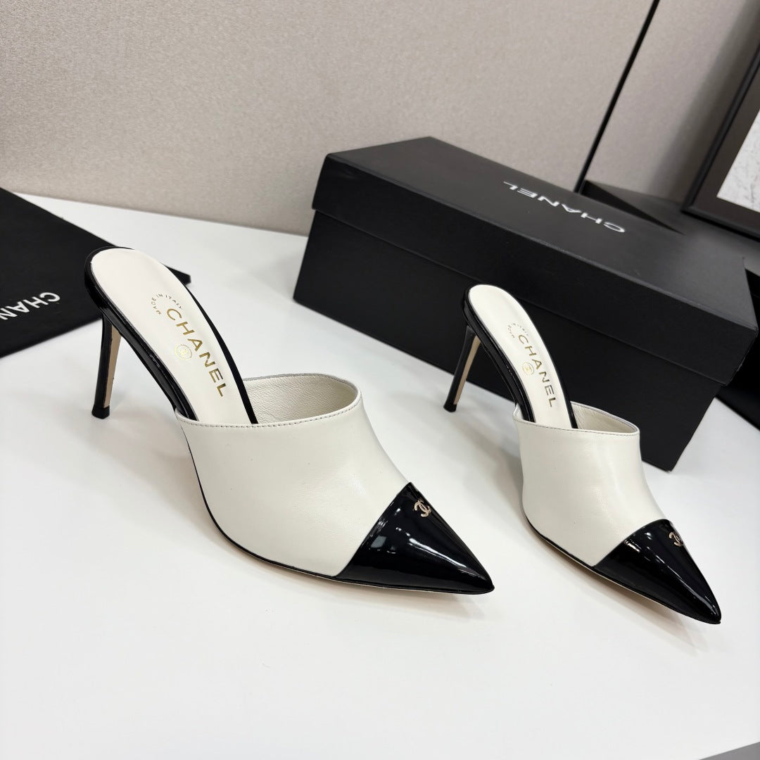 CC Mules Heels White Mix Black Patent Leather 301508