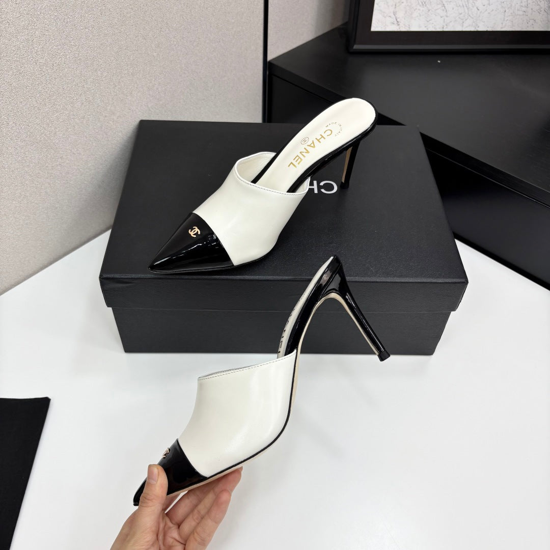 CC Mules Heels White Mix Black Patent Leather 301508