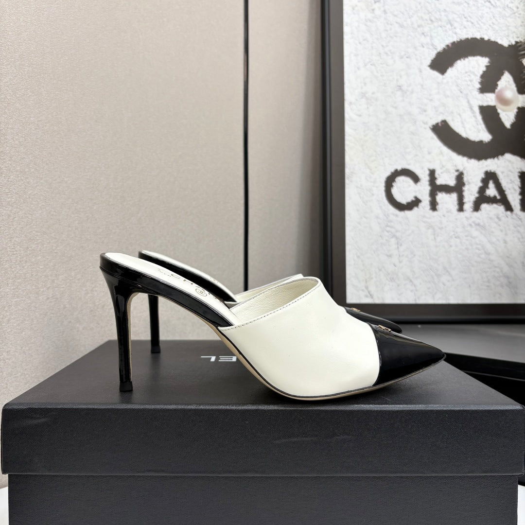 CC Mules Heels White Mix Black Patent Leather 301508
