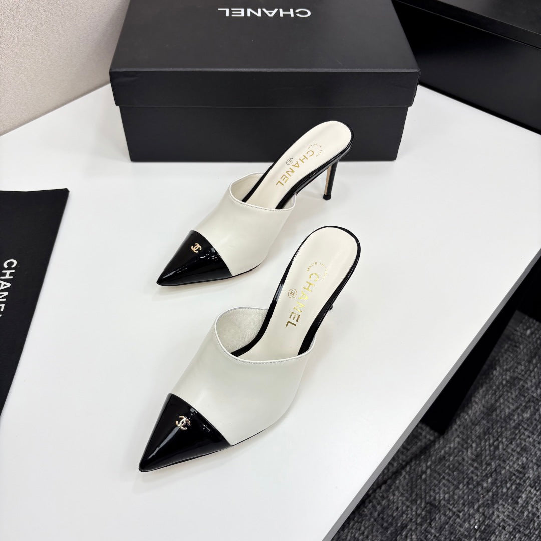 CC Mules Heels White Mix Black Patent Leather 301508
