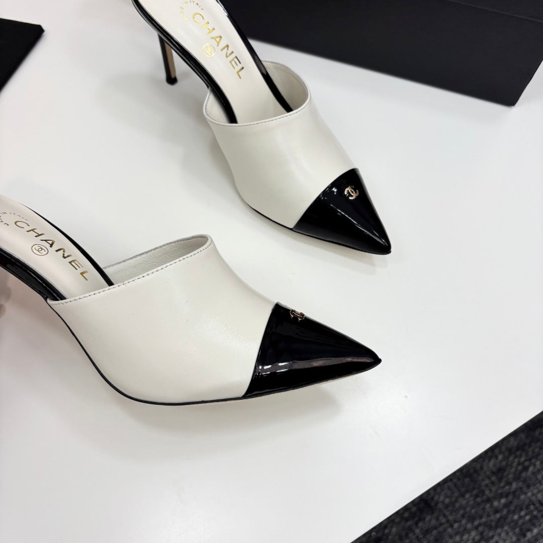 CC Mules Heels White Mix Black Patent Leather 301508