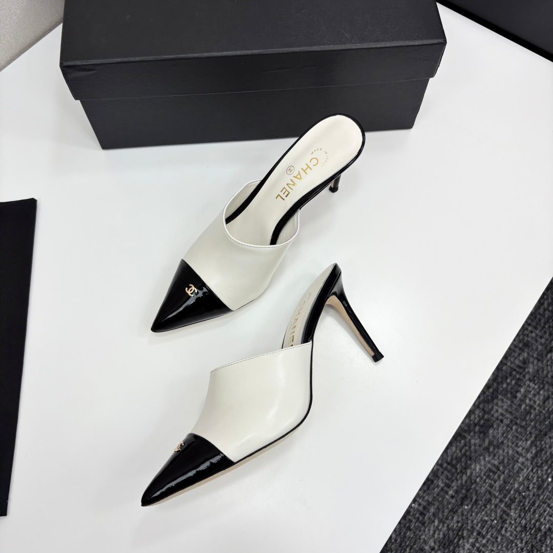 CC Mules Heels White Mix Black Patent Leather 301508