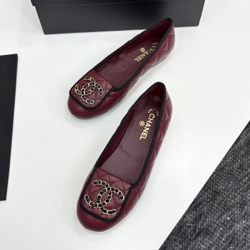 CC 25 Ballet Flat Large Logo Burgundy Quilted Calfskin