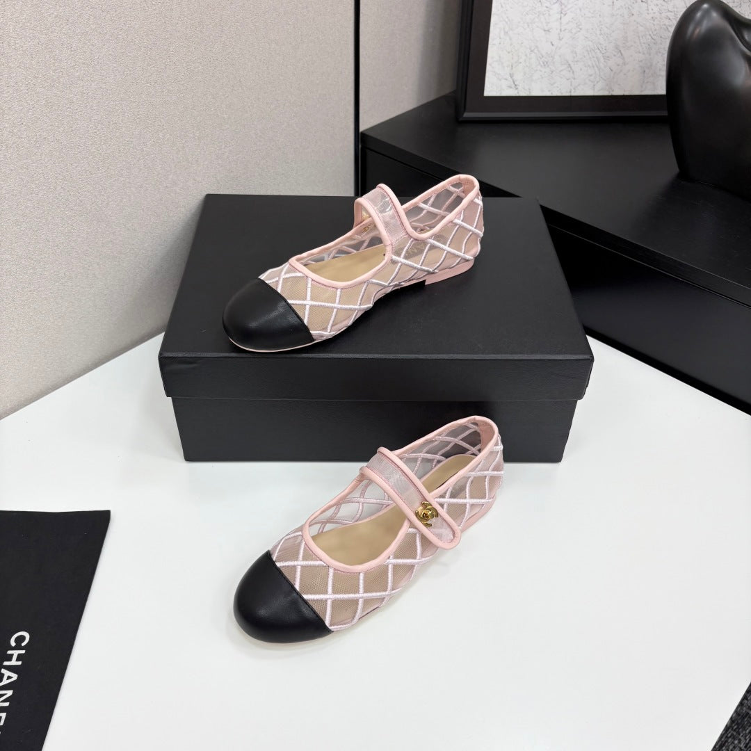 CC 25 Mary Jane White Pink Mesh Black Calfskin