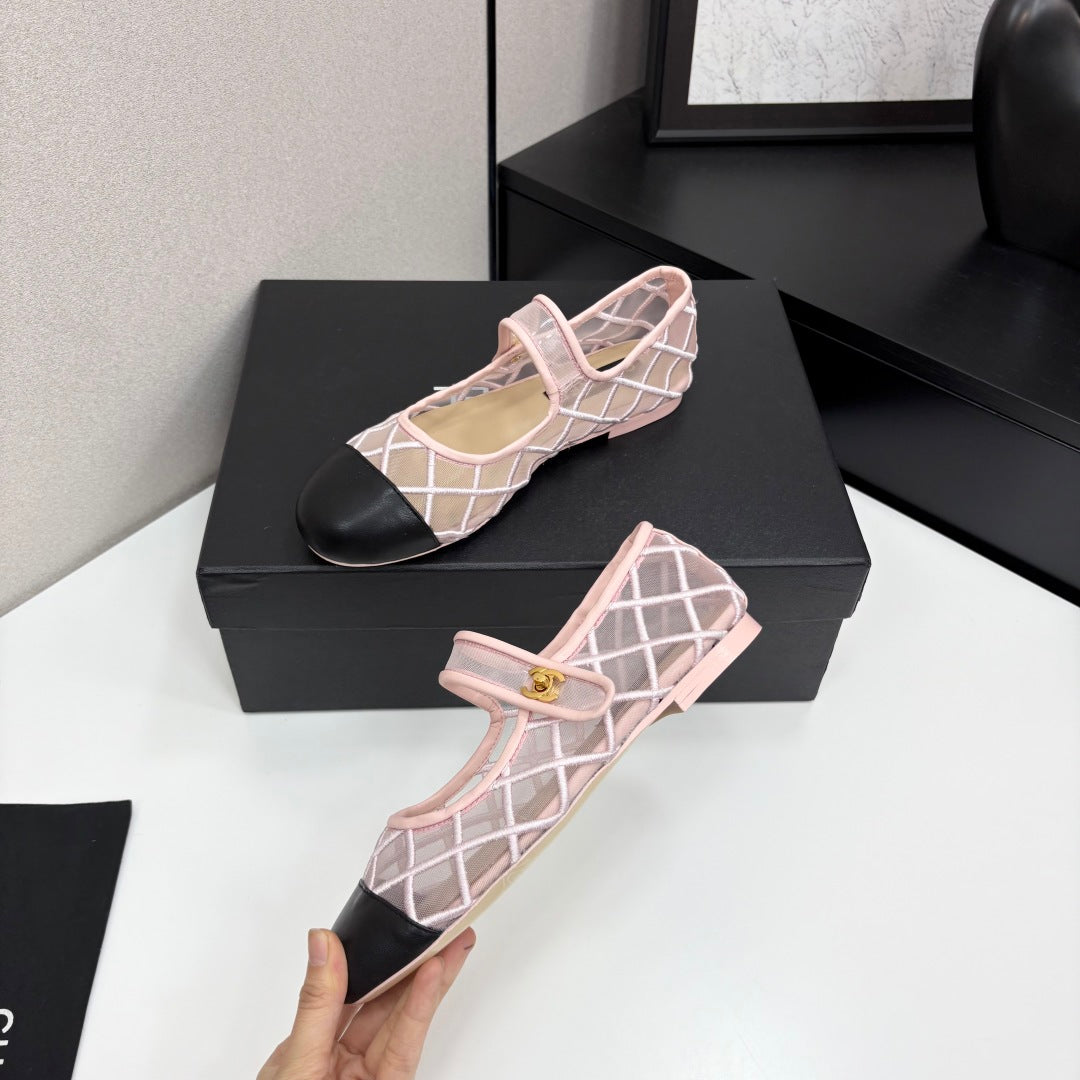 CC 25 Mary Jane White Pink Mesh Black Calfskin