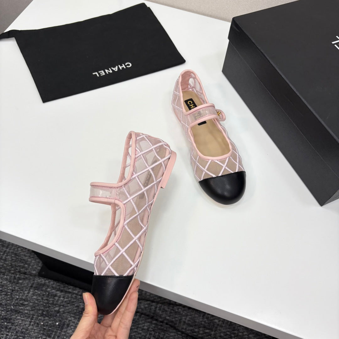 CC 25 Mary Jane White Pink Mesh Black Calfskin