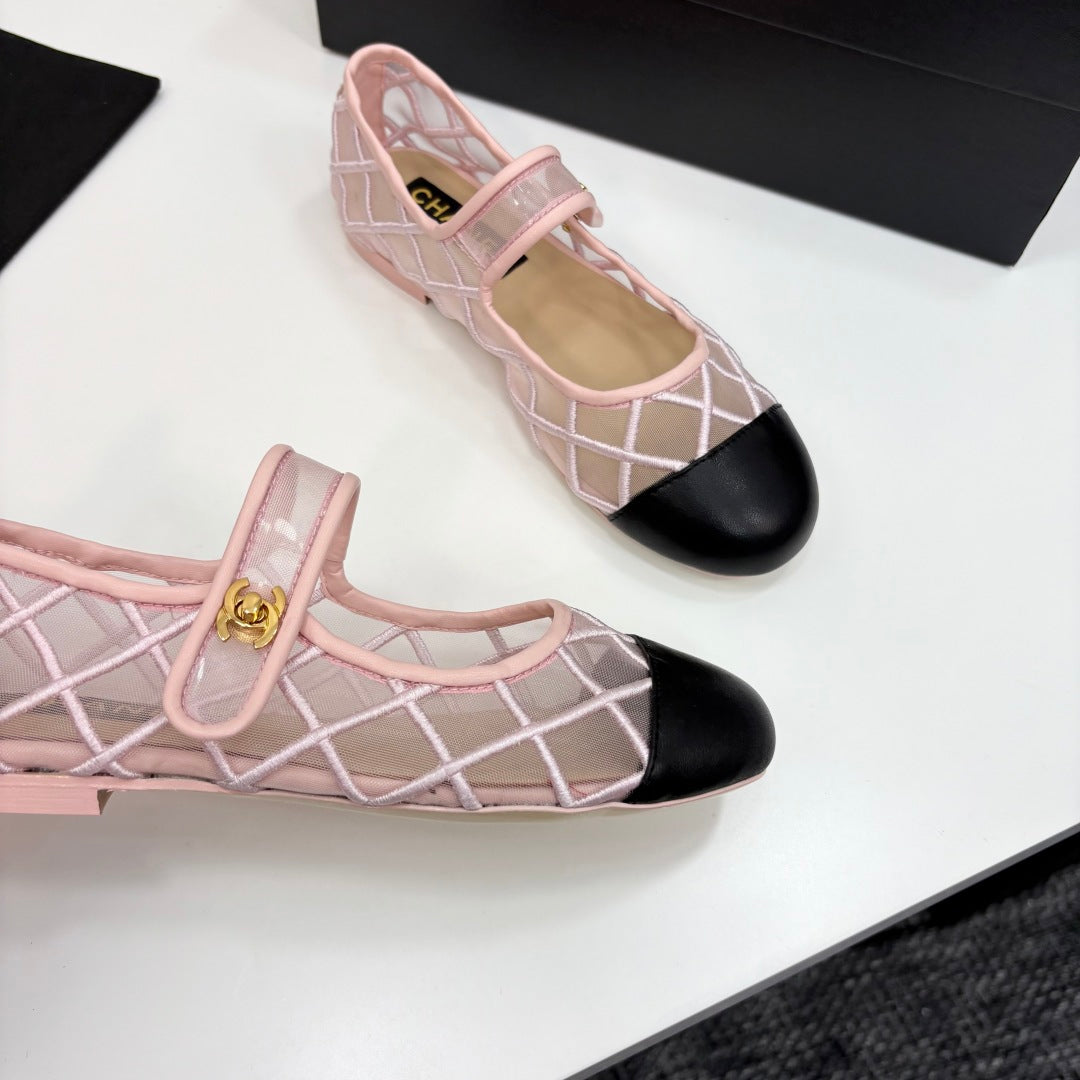 CC 25 Mary Jane White Pink Mesh Black Calfskin