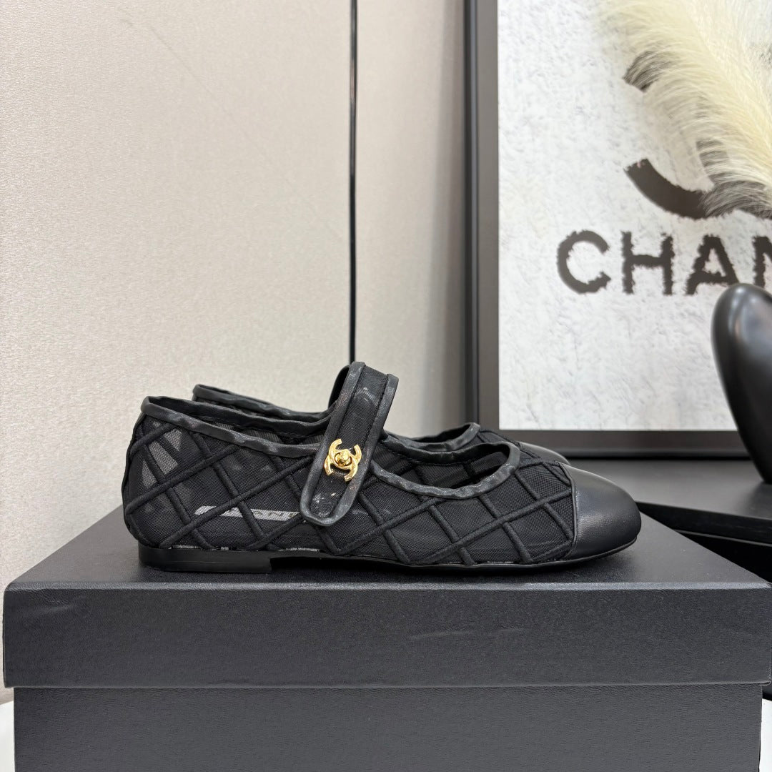 CC 25 Mary Jane White Black Mesh Calfskin