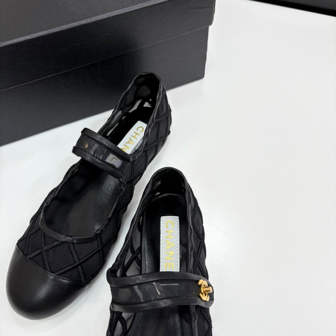 CC 25 Mary Jane White Black Mesh Calfskin