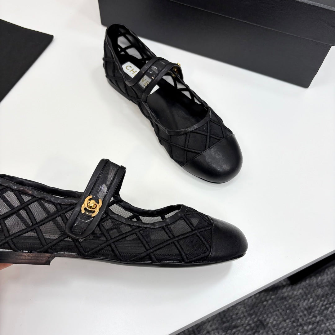 CC 25 Mary Jane White Black Mesh Calfskin