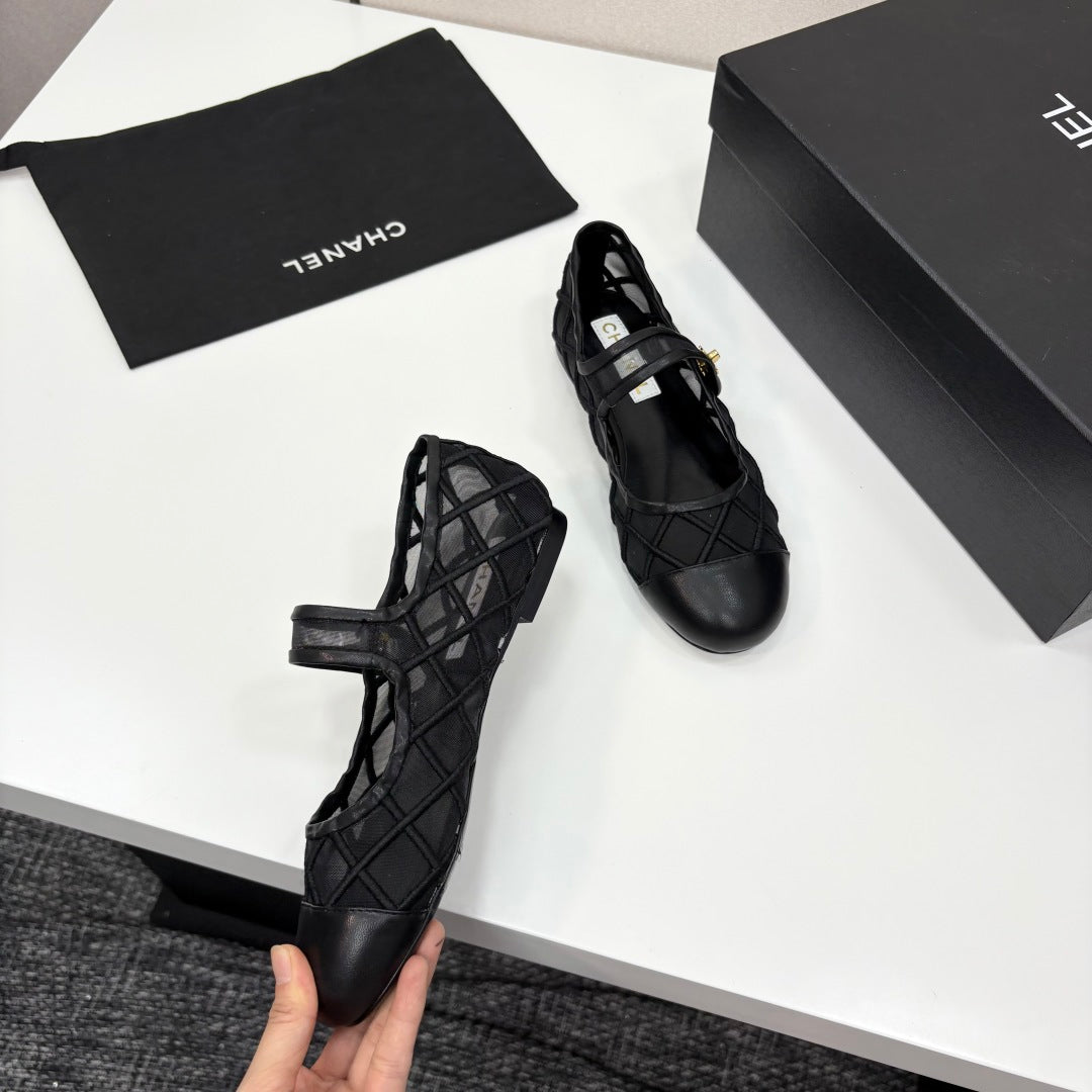 CC 25 Mary Jane White Black Mesh Calfskin