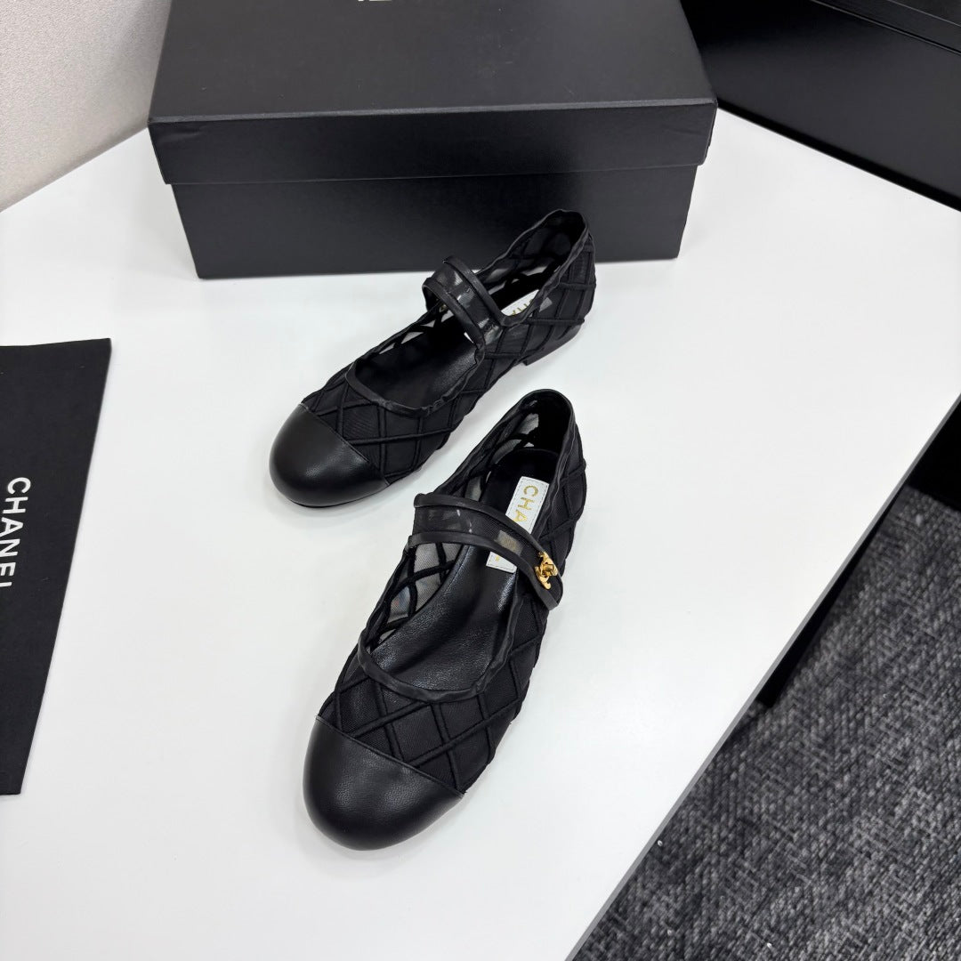 CC 25 Mary Jane White Black Mesh Calfskin