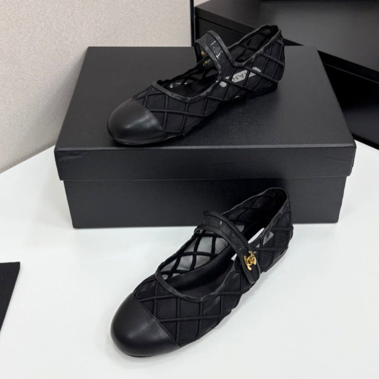 CC 25 Mary Jane White Black Mesh Calfskin