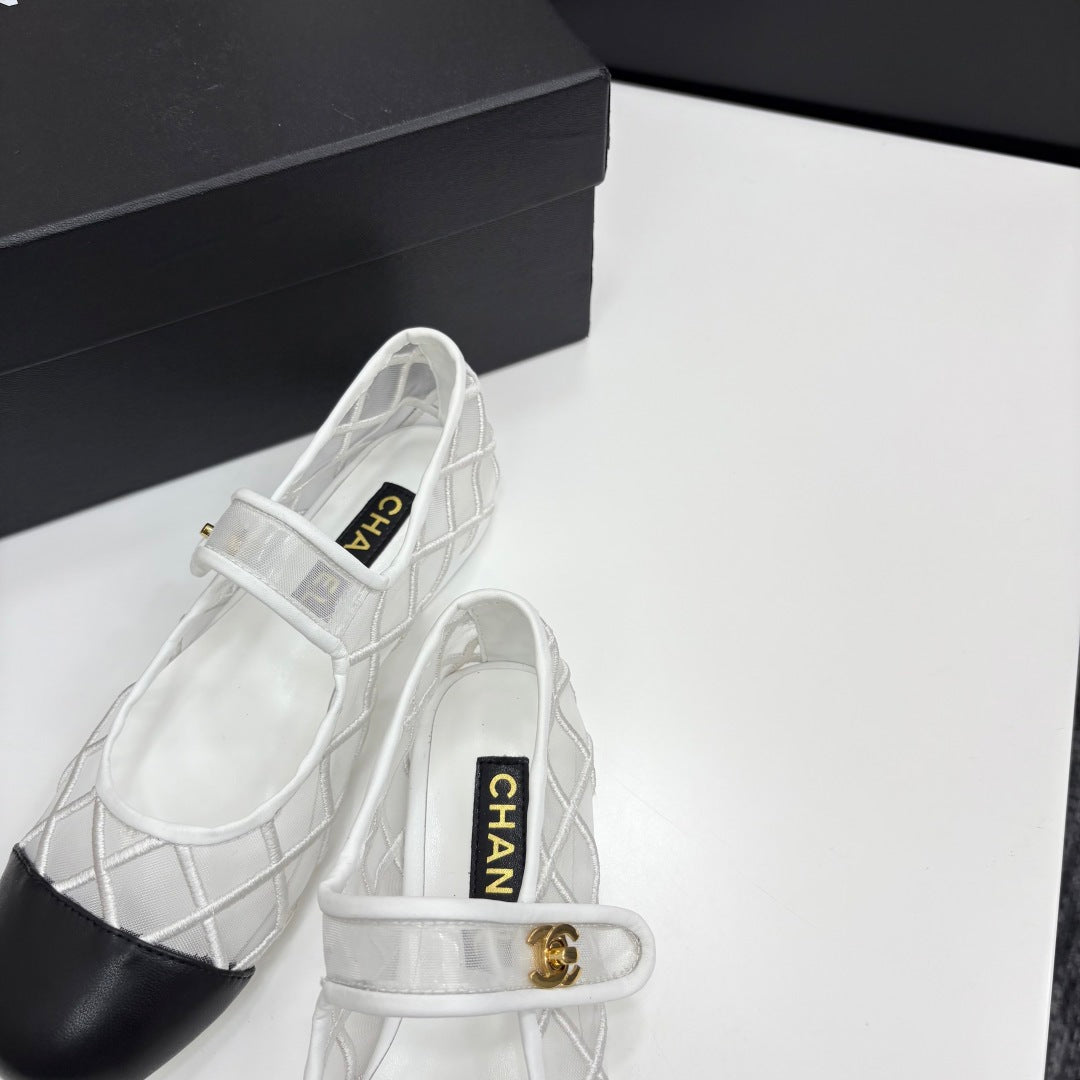 CC 25 Mary Jane White Mesh Black Calfskin
