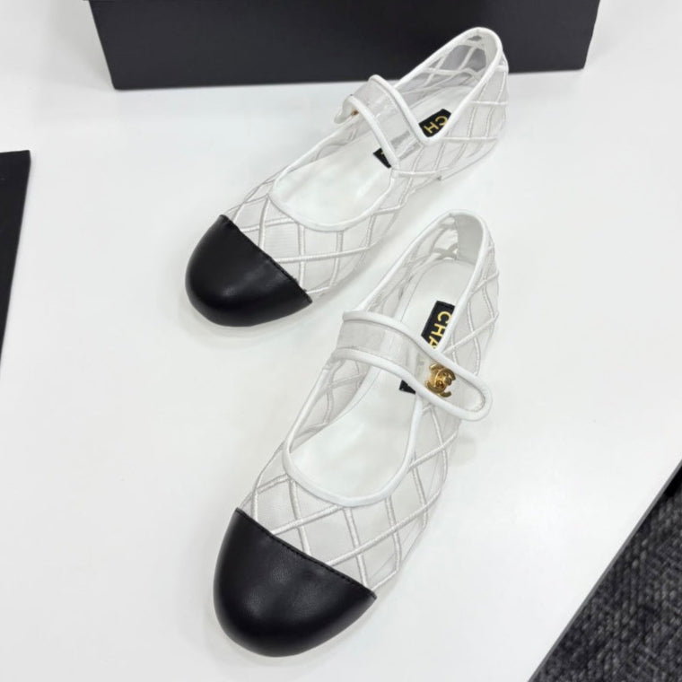 CC 25 Mary Jane White Mesh Black Calfskin