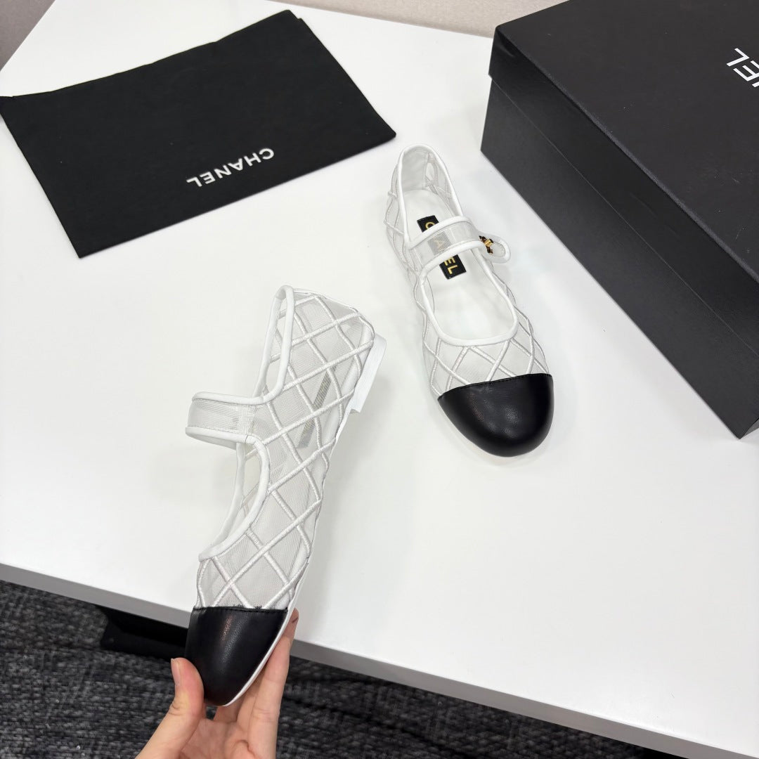 CC 25 Mary Jane White Mesh Black Calfskin