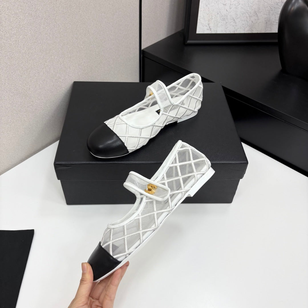 CC 25 Mary Jane White Mesh Black Calfskin