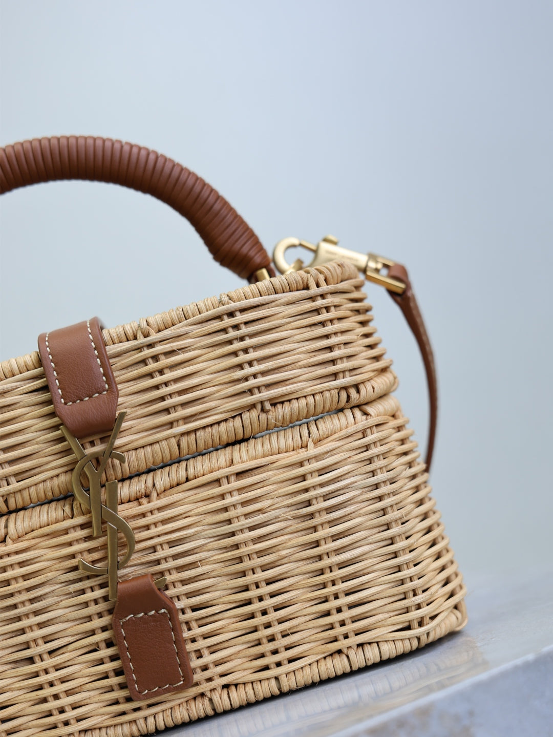 YSL Vanity Bag Beige Brown Raffia Cowhide