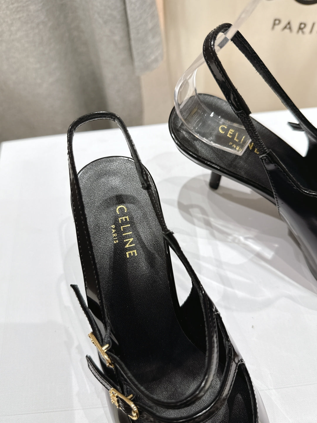 Celine 25C Judy Double Strap Mary Jane Slingback Black mix Gold Sheepskin 236775