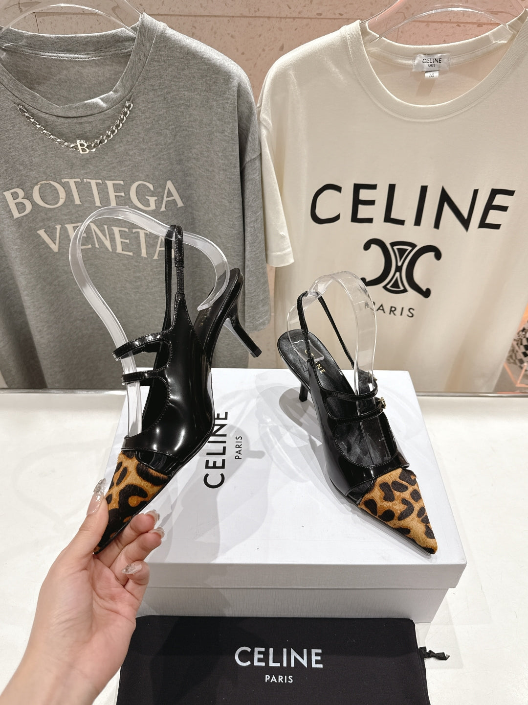 Celine 25C Judy Double Strap Mary Jane Slingback Black mix Brown  Sheepskin 236777