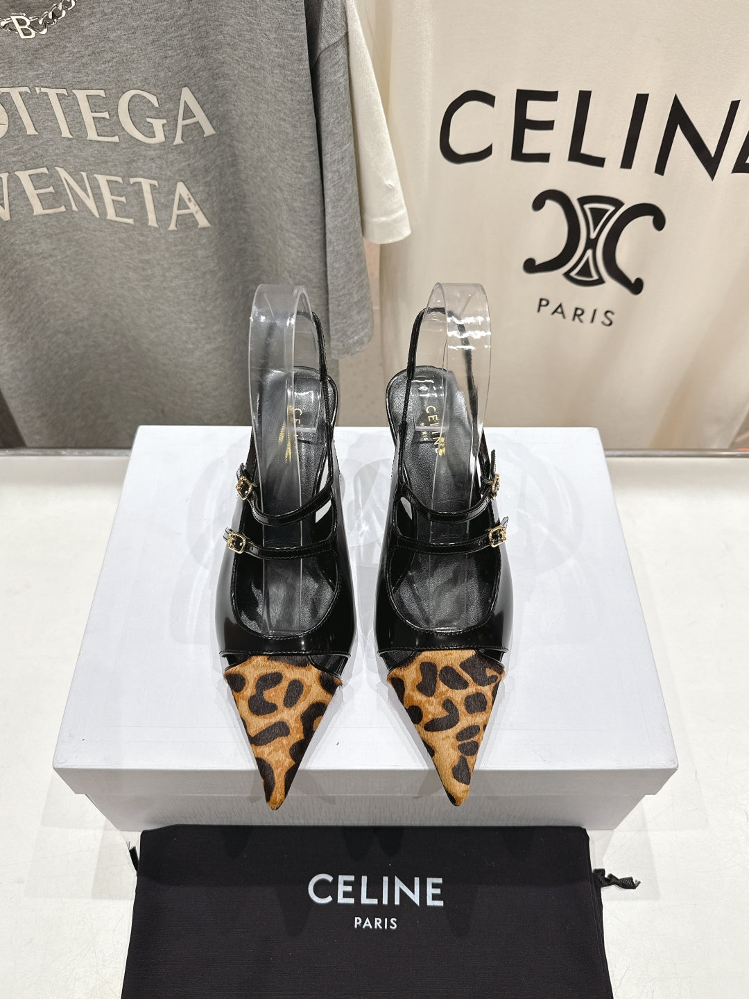 Celine 25C Judy Double Strap Mary Jane Slingback Black mix Brown  Sheepskin 236777