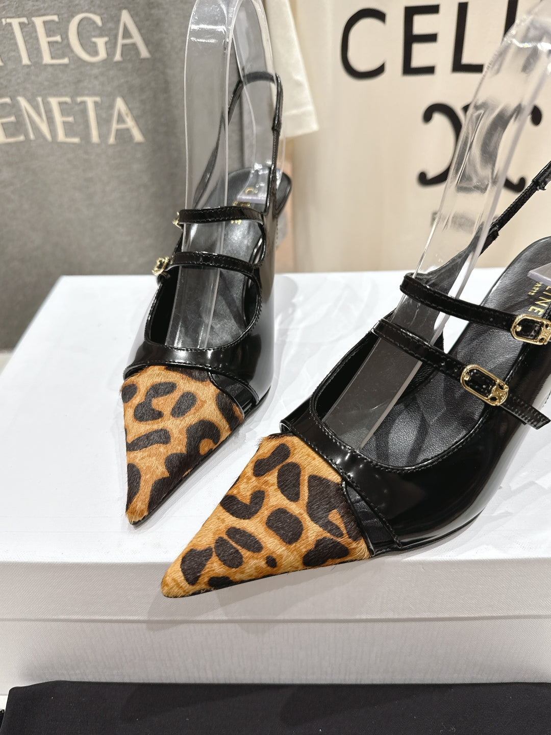 Celine 25C Judy Double Strap Mary Jane Slingback Black mix Brown  Sheepskin 236777