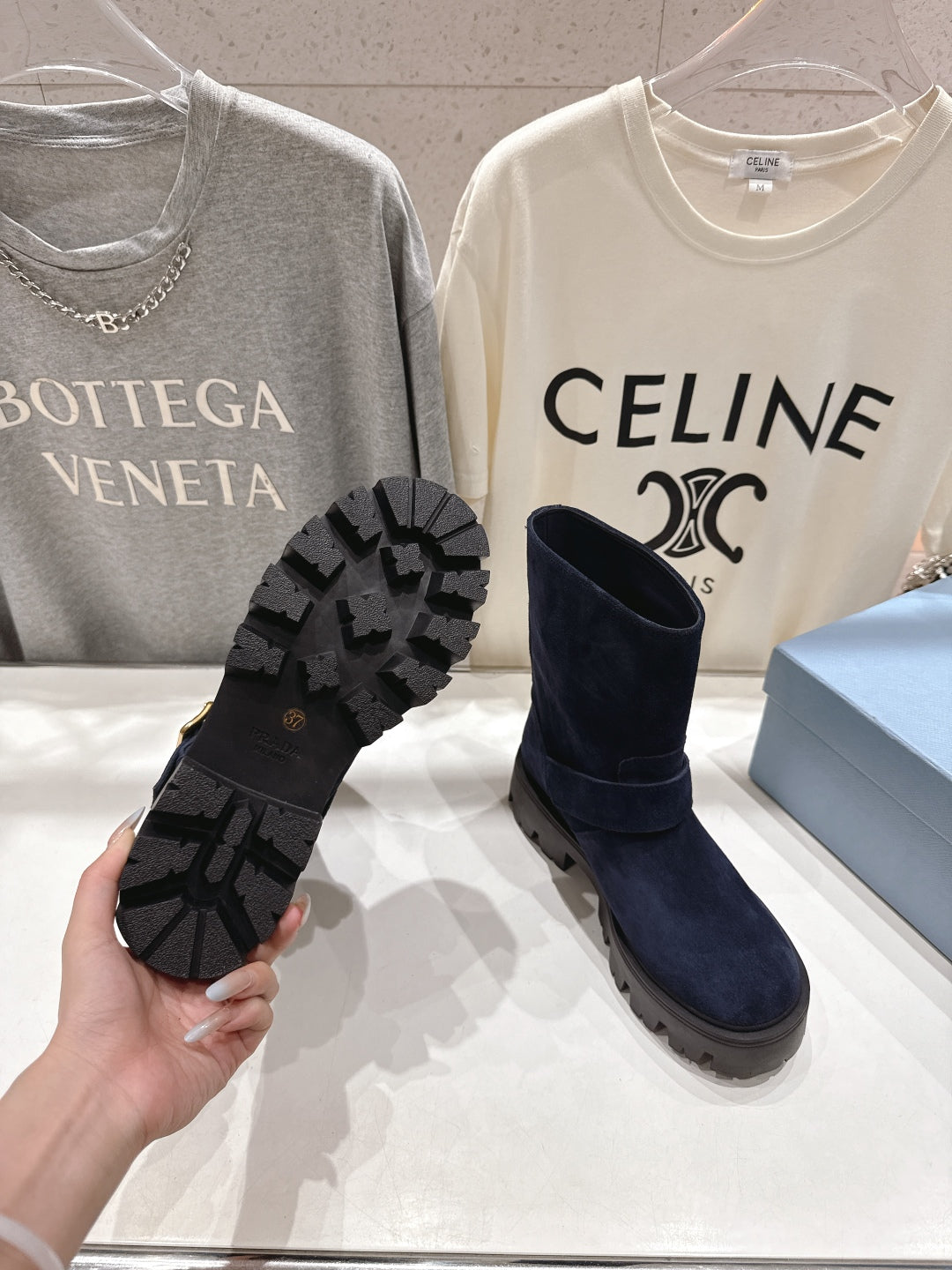 Prada 25 Boot Navy Blue Black Cowhide Suede 491869