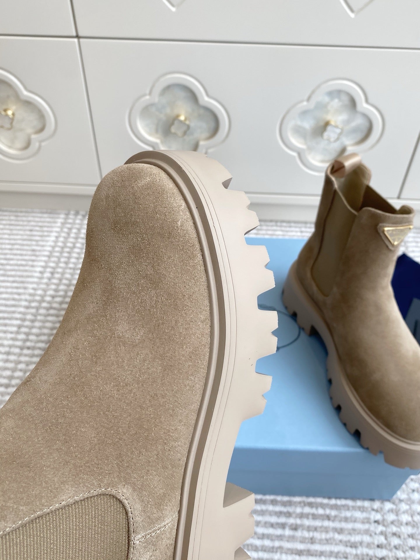 Prada 25 Chelsea Boot Beige Suede Cowhide 501437