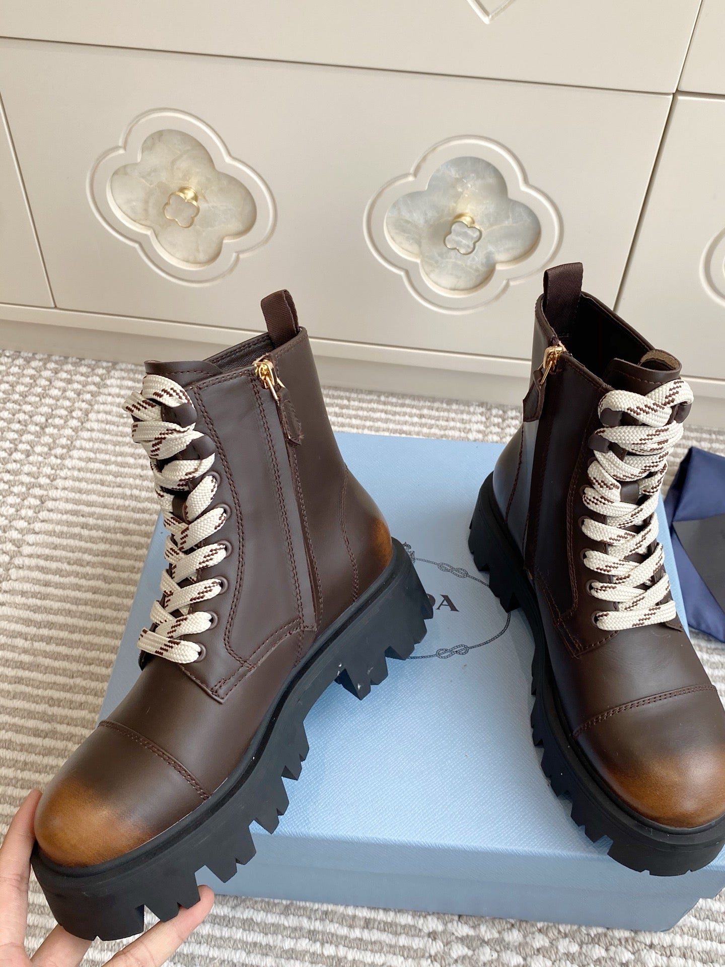 Prada 25 Martin Boot Brown Black Cowhide 501443