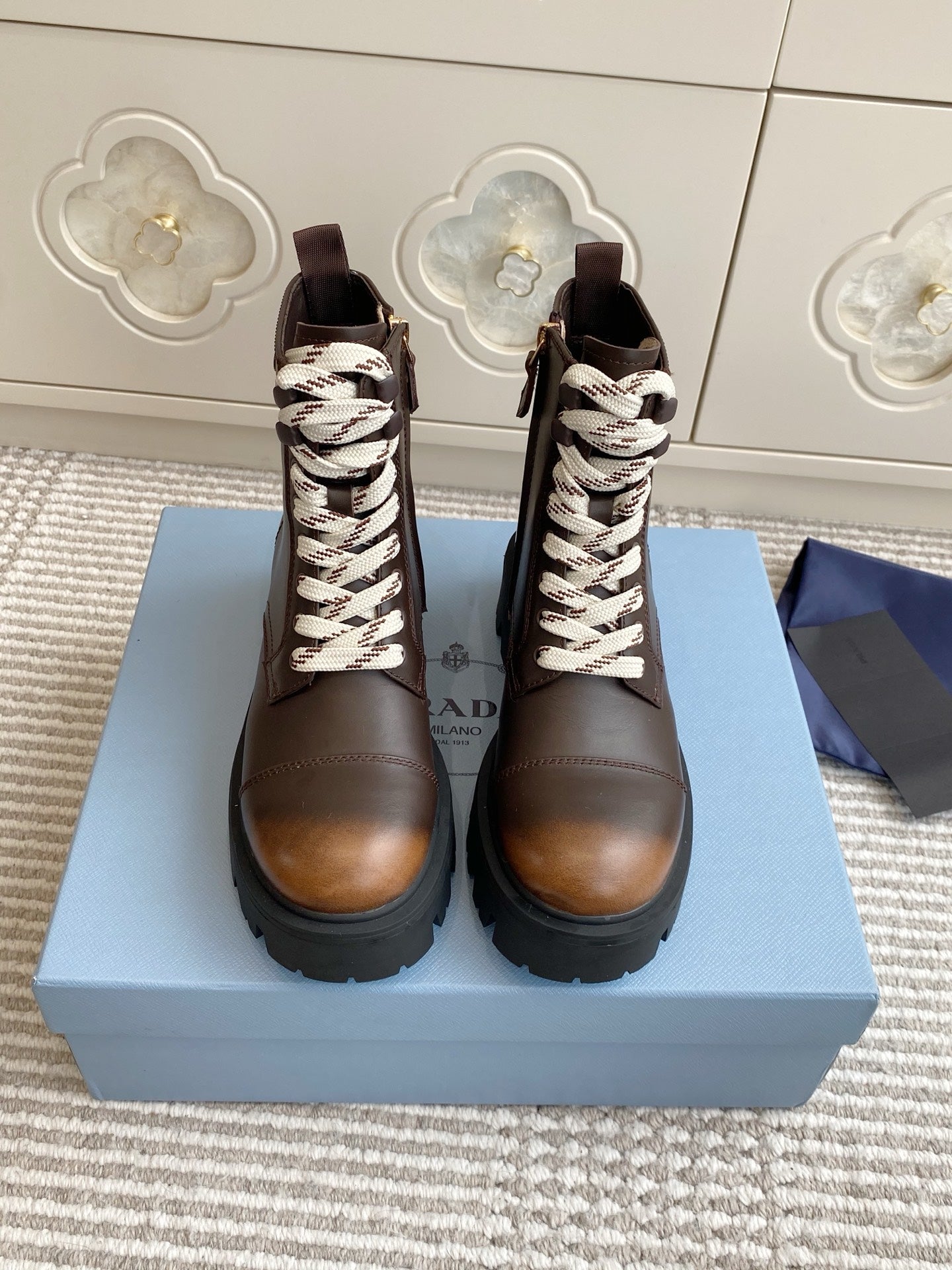 Prada 25 Martin Boot Brown Black Cowhide 501443